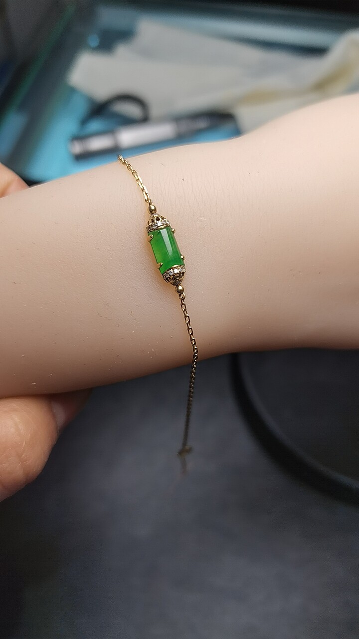 缅甸天然翡翠A货冰种阳绿玉柱长方形手链18k金镶手链女款