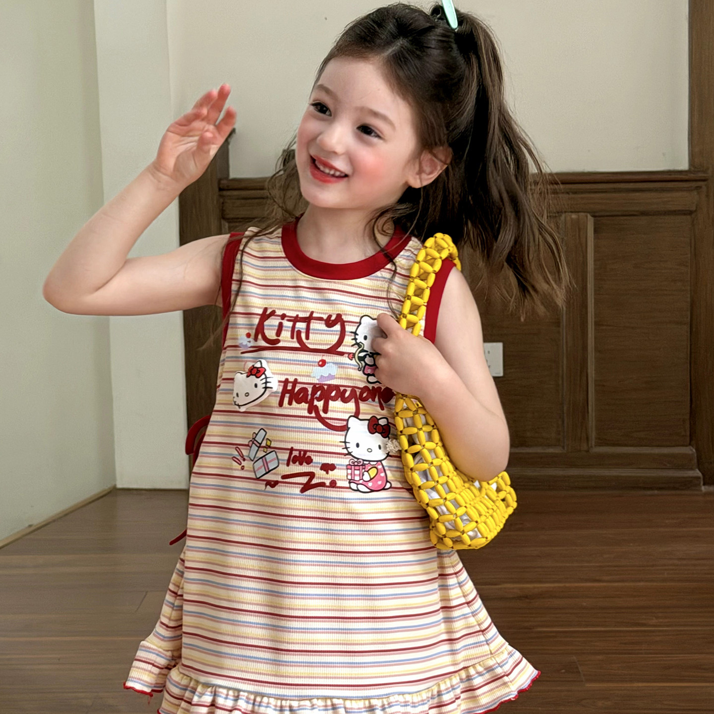 栀了成长记女童装韩版条纹背心裙2026夏季新款儿童卡通可爱连衣裙