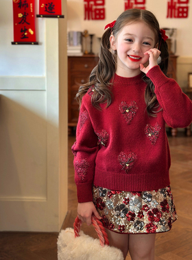 栀了成长记女童装时髦红色爱心毛衣2025冬季儿童新年百搭针织上衣