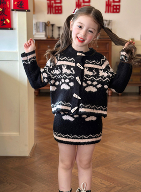 栀了成长记女童装费尔岛气质套装2025冬季儿童韩版针织时髦两件套
