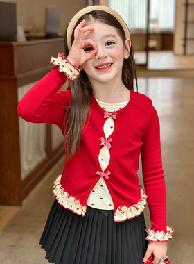 栀了成长记女童装红色假两件上衣2025秋季新款儿童蝴蝶结爱心T恤