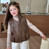 上衣 儿童保暖百搭无袖 栀了成长记童装 女童复古加绒皮马甲2025冬季