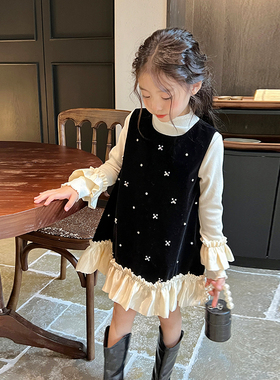栀了成长记童装女童丝绒连衣裙秋装新款儿童宝宝裙子加绒背心裙