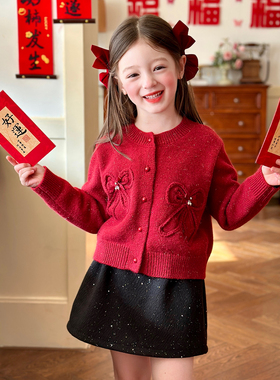 栀了成长记童装女童韩版红色针织上衣2025冬季儿童蝴蝶结新年毛衣
