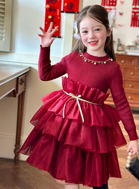 栀了成长记女童装红色针织连衣裙2025冬季儿童新年加绒网纱公主裙