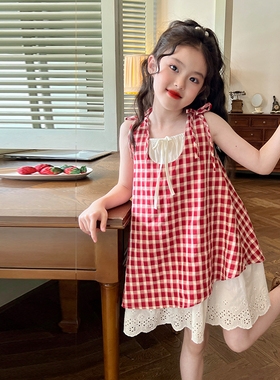 栀了成长记童装女童红色格子纯棉连衣裙夏季新款儿童女宝宝背心裙
