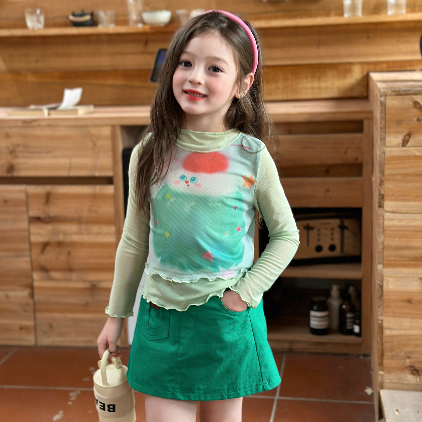 栀了成长记童装女童韩版时髦上衣2026春季儿童涂鸦印花假两件T恤