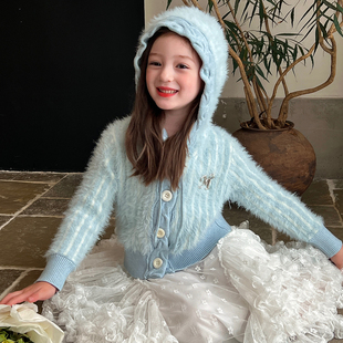 儿童宝宝百搭休闲连帽毛衣开衫 栀了成长记女童装 仿水貂毛上衣秋季