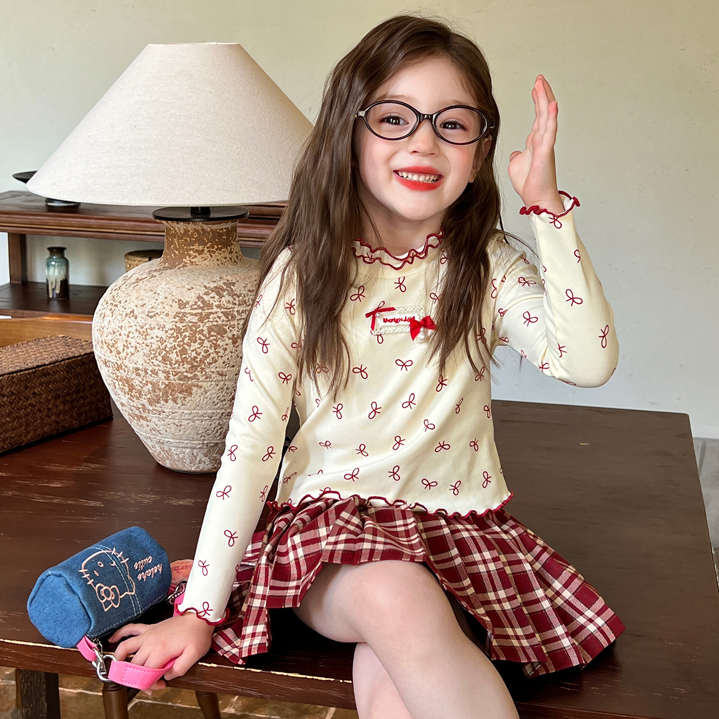 栀了成长记童装女童韩版蝴蝶结T恤秋季新款儿童女宝百搭花边上衣