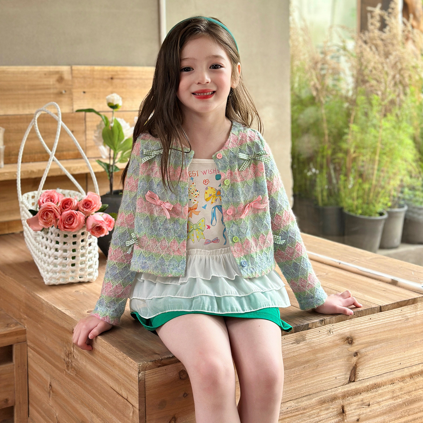 栀了成长记童装女童时髦条纹开衫上衣2026春季儿童蝴蝶结短款外套