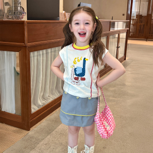 栀了成长记童装 T恤儿童女宝宝卡通百搭时髦上衣 女童明线撞色短袖