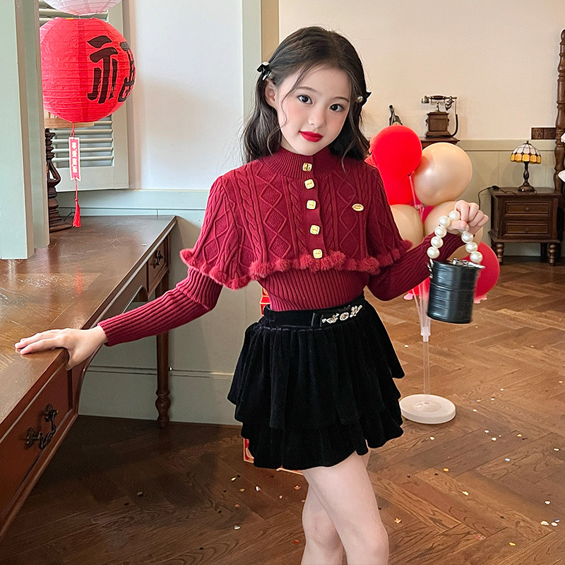 栀了成长记女童红色针织衫