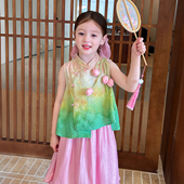 上衣儿童背心 无袖 栀了成长记童装 女童扎染渐变郁金香立体花新中式