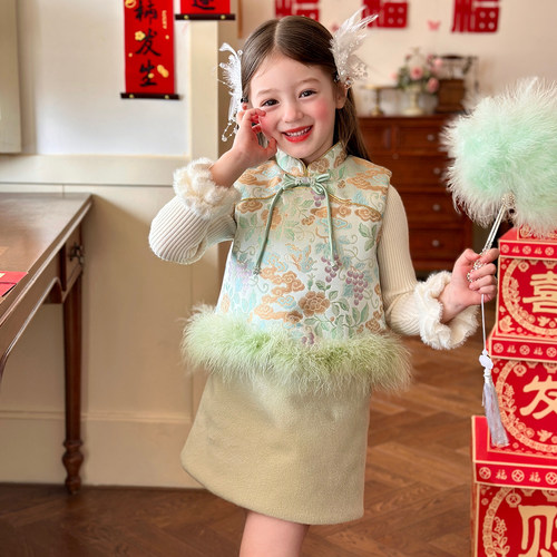 栀了成长记女童冬季国风夹棉套装