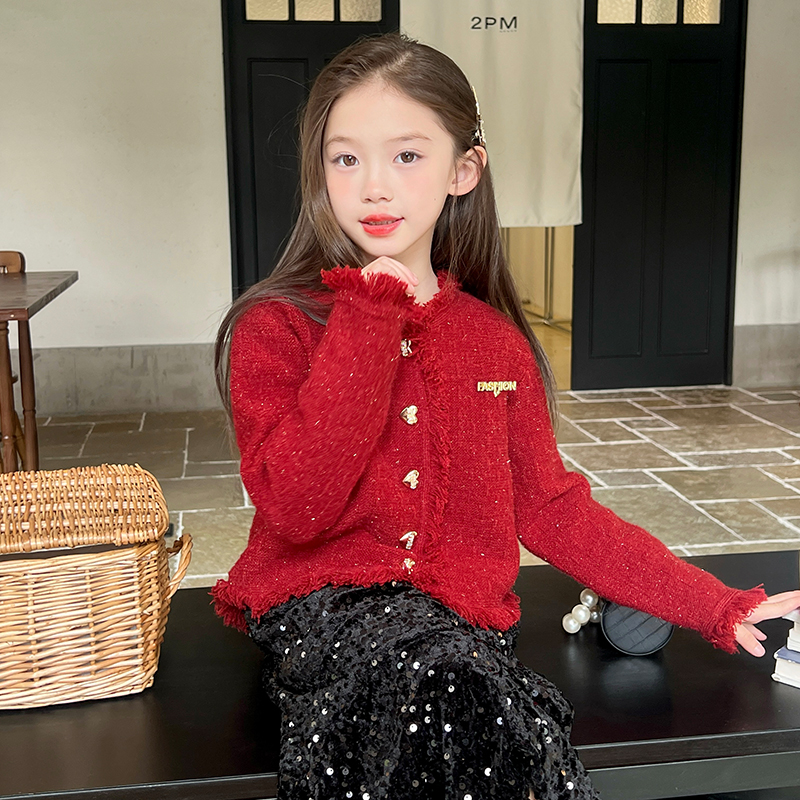栀了成长记女童红色针织开衫外套
