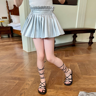 栀了成长记童装女童时髦皮裙百褶裙夏季儿童洋气小女孩短裙半身裙