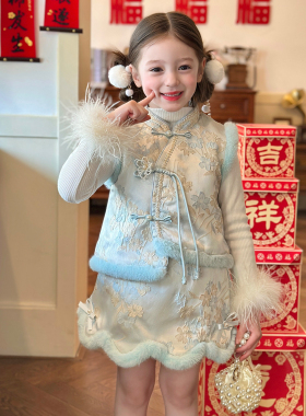 栀了成长记女童装国风甜美加厚套装2026春装儿童新中式保暖两件套