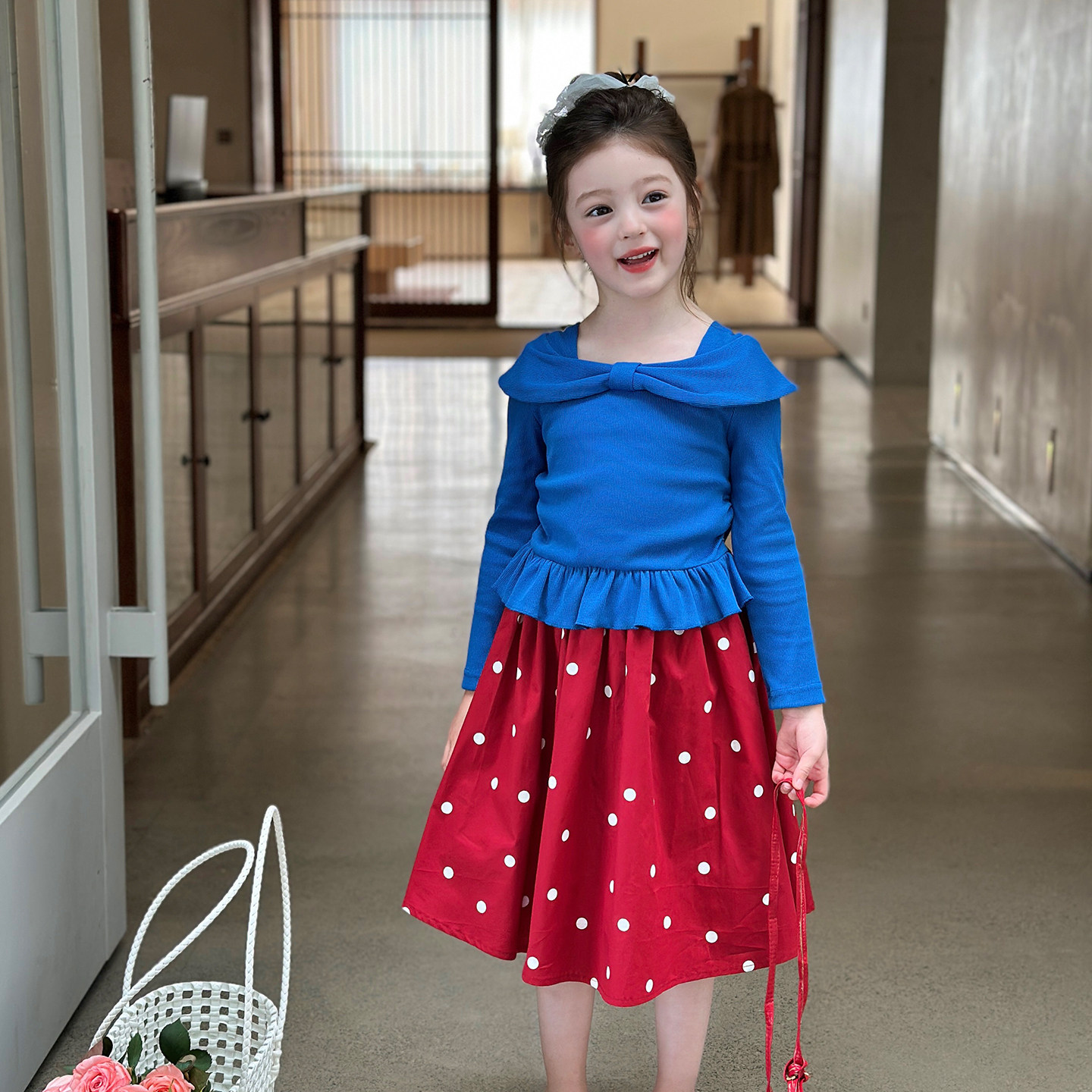 栀了成长记女童装甜美蝴蝶结上衣2026春季儿童可爱荷叶边长袖T恤