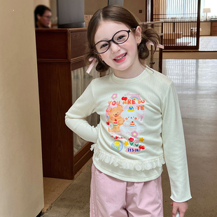 栀了成长记童装女童可爱印花假两件上衣春秋儿童宝宝长袖坑条T恤