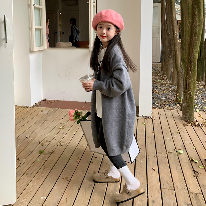 原创童装女童兔绒包芯纱针织开衫春秋新款儿童长款慵懒风毛衣外套