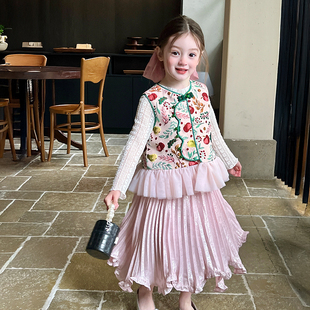 栀了成长记童装女童新中式背心网纱夹棉马甲秋季新款儿童国风上衣