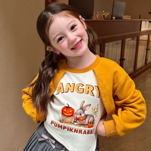 栀了成长记童装女童假两件印花上衣秋季新款儿童女宝韩版套头卫衣