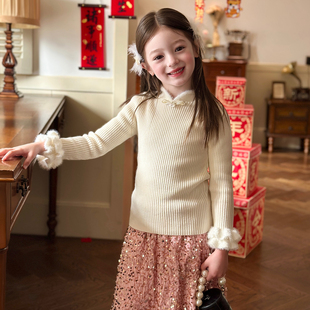 栀了成长记童装女童半高领坑条保暖针织衫冬装儿童洋气百搭打底衫