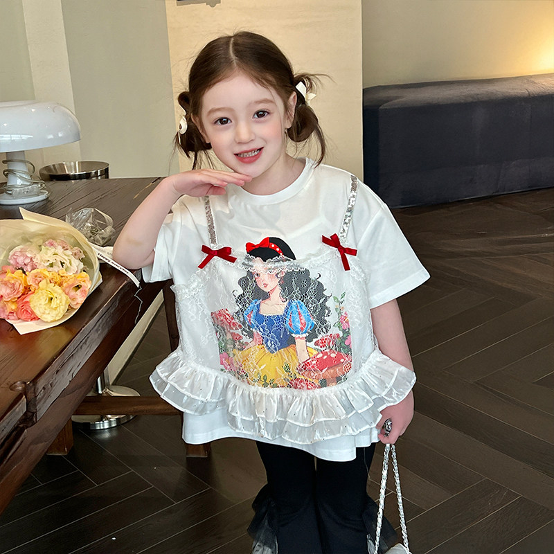 栀了成长记童装女童假两件卡通蕾丝蝴蝶结亮片上衣夏儿童时髦T恤,童装/婴儿装/亲子装,T恤,淘宝优惠券,粉丝福利购,淘宝优惠卷