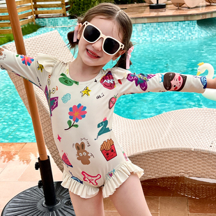 防晒荷叶边泳装 栀了成长记童装 女童趣味印花连体泳衣儿童宝宝长袖