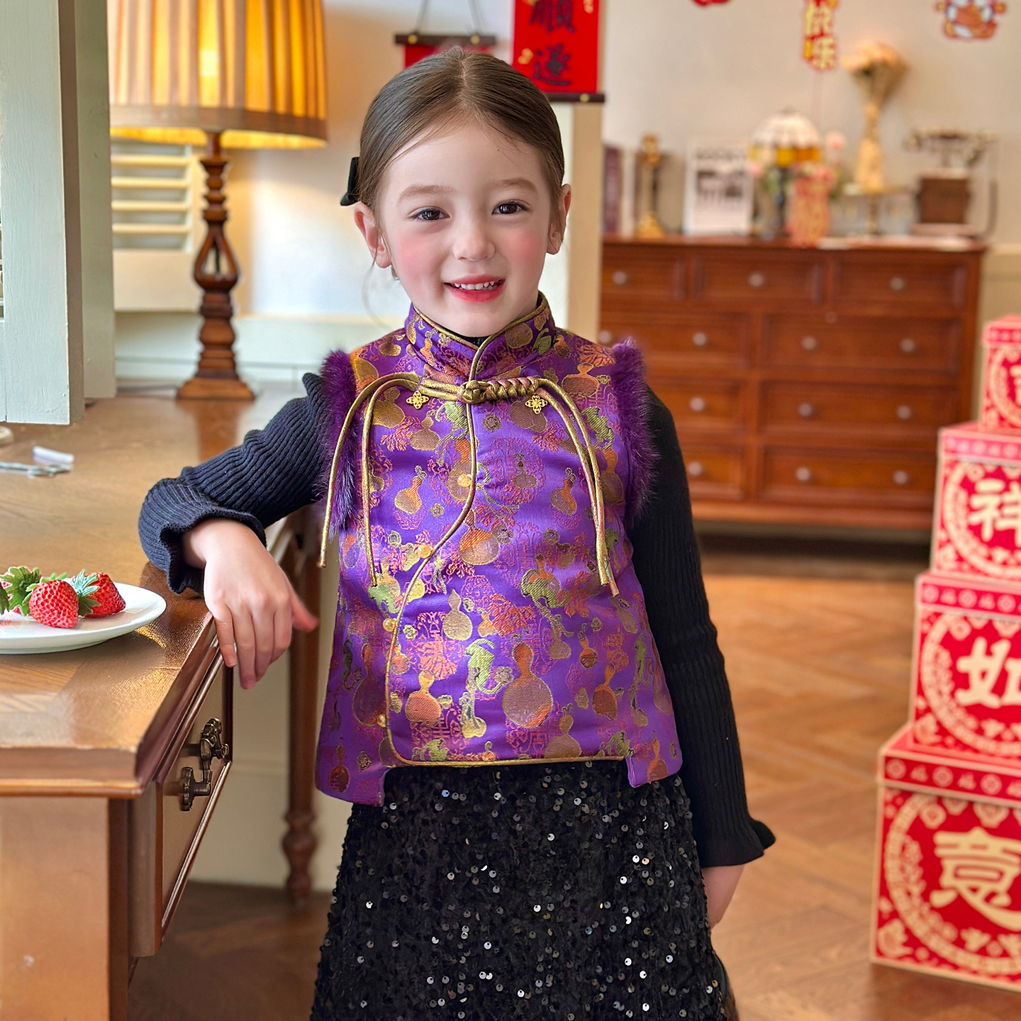 栀了成长记女童冬季国风夹棉马甲