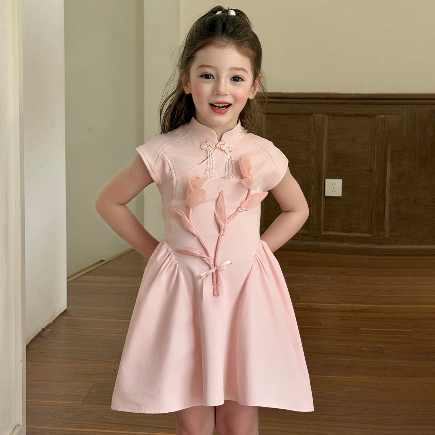 栀了成长记童装女童新中式改良旗袍裙2026夏季儿童粉色甜美连衣裙