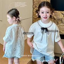 栀了成长记童装女童白色烫钻T恤夏儿童宝宝时髦拼接蕾丝刺绣上衣