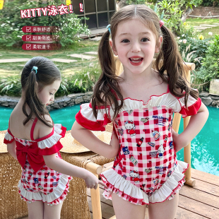 栀了成长记童装 女童一字肩荷叶边泳衣儿童宝宝防走光蝴蝶结游泳衣