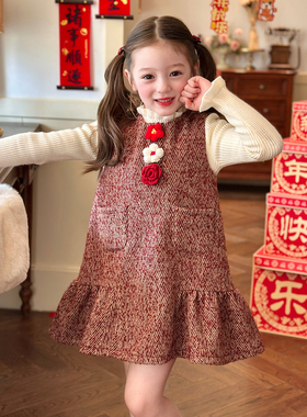 栀了成长记女童装新年红色背心裙2025冬季儿童可爱甜美加绒连衣裙