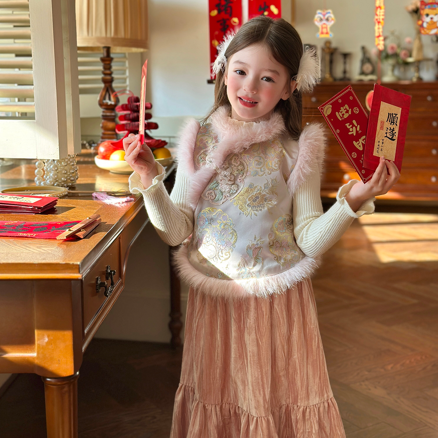 栀了成长记女童冬季夹棉唐装马甲