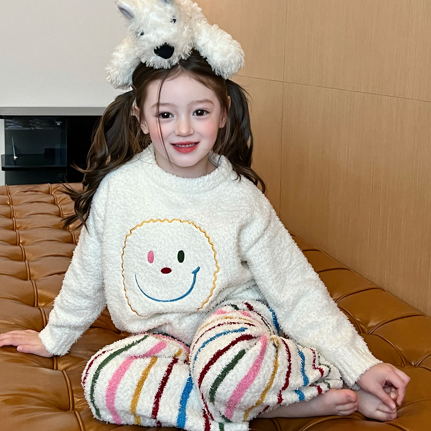 栀了成长记童装女童条纹笑脸家居服套装秋装儿童宝宝时髦保暖睡衣,童装/婴儿装/亲子装,家居服套装,淘宝优惠券,粉丝福利购,淘宝优惠卷