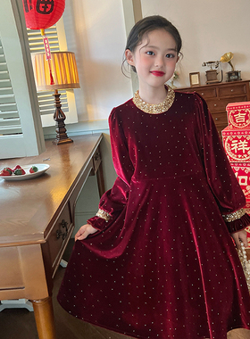 栀了成长记童装女童红色加绒连衣裙儿童水钻丝绒裙子新年洋气衣服
