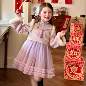 栀了成长记女童装 刺绣网纱旗袍裙2025冬季 儿童甜美国风加绒连衣裙
