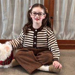 栀了成长记童装女童复古森系毛衣开衫2026春季儿童撞色条纹针织衫