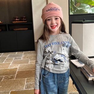 儿童宝宝长袖 上衣秋季 抽绳T恤 女童立体蝴蝶结韩版 栀了成长记童装