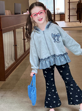 栀了成长记童装女童甜美连帽卫衣外套春秋儿童宝宝格纹荷叶边上衣