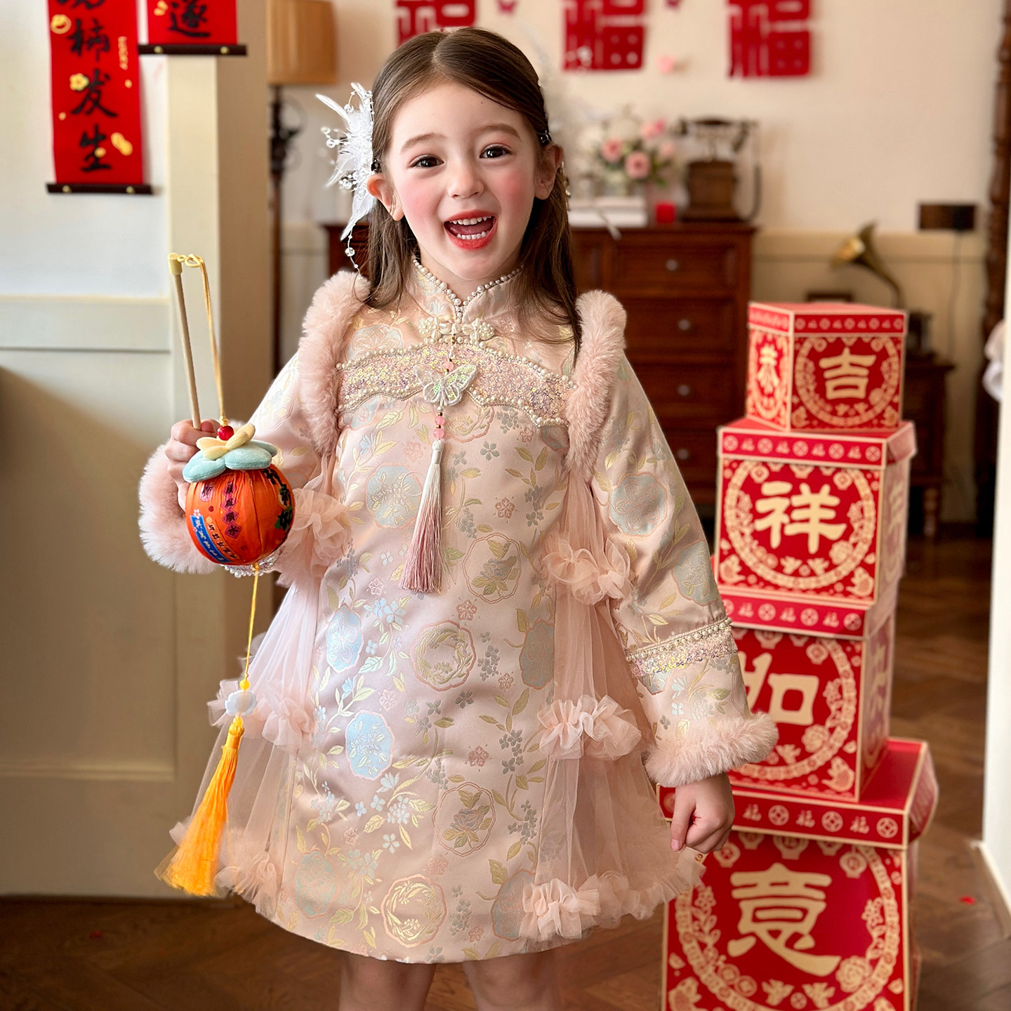 栀了成长记女童冬国风夹棉连衣裙