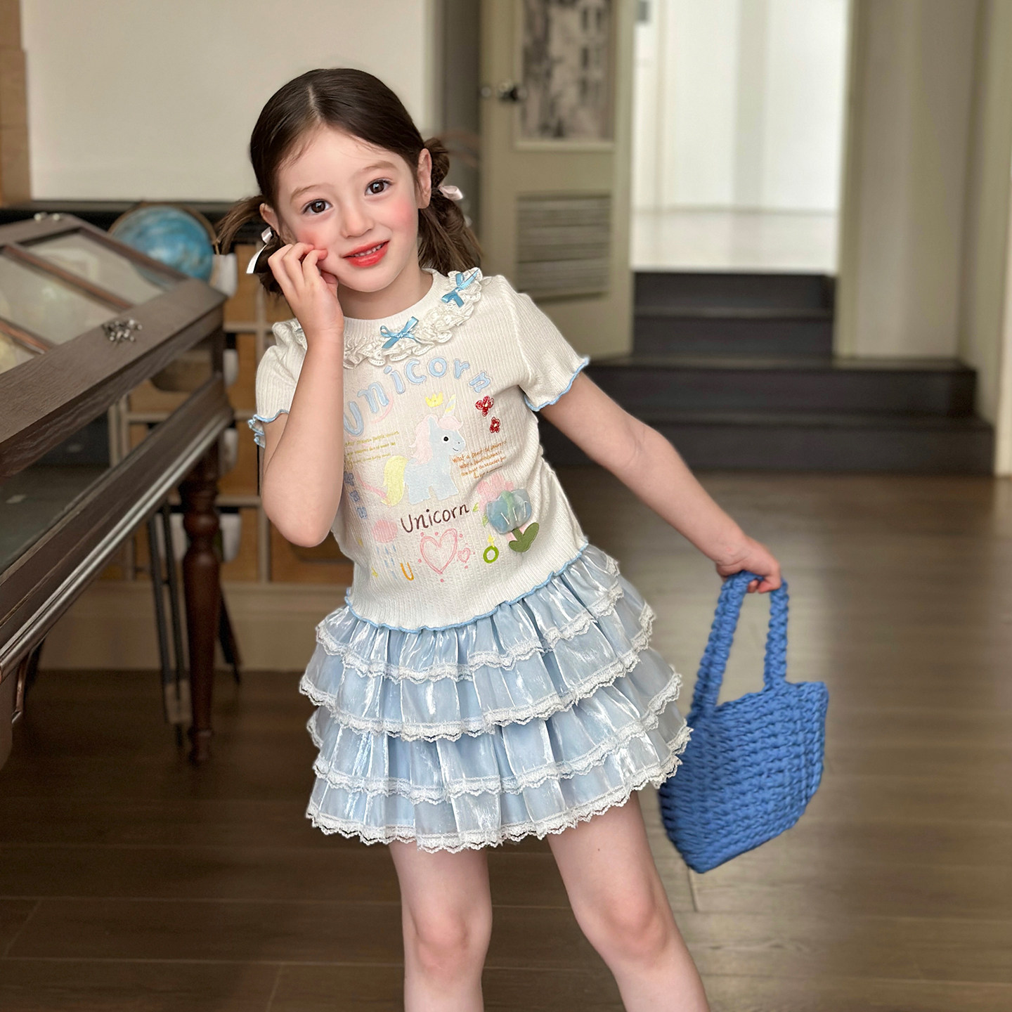 栀了成长记女童装甜美花边修身上衣2026春季儿童新款时髦短袖T恤