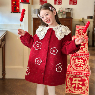 栀了成长记童装女童新年红色大衣2026春装儿童拜年服夹棉保暖外套