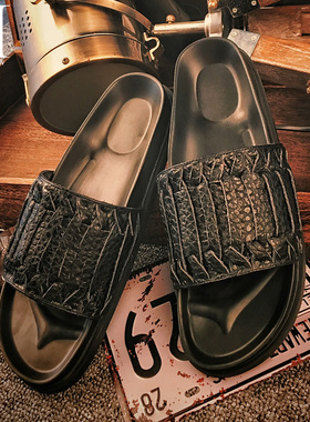 真皮男士一字拖夏季新款英伦拖鞋男厚底防滑休闲编织个性凉拖男潮