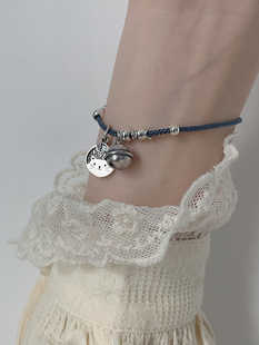 原创设计s925银复古铃铛鱼儿小猫咪纯银手链手绳女一步一响红手绳