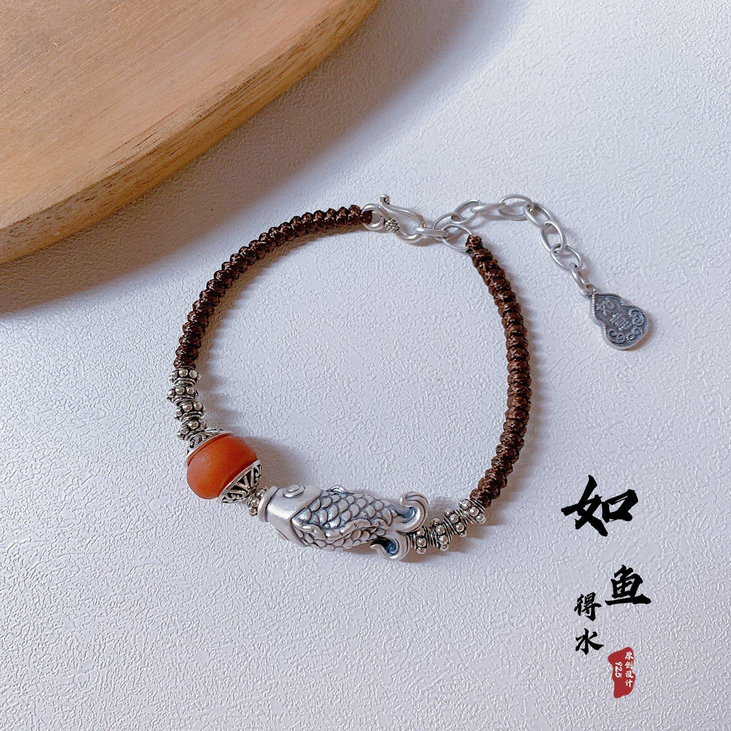 925银99足银手工编织绳蜜蜡锦鲤如鱼得水顺风顺水礼品手绳男女孩