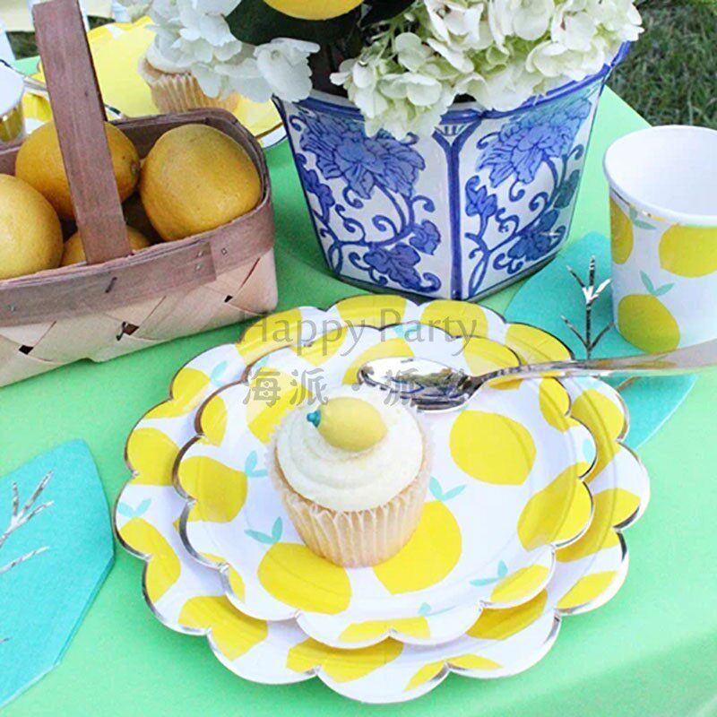 一次性水果野餐餐盘夏季水果柠檬纸盘纸杯巾户外聚餐生日摆盘用品