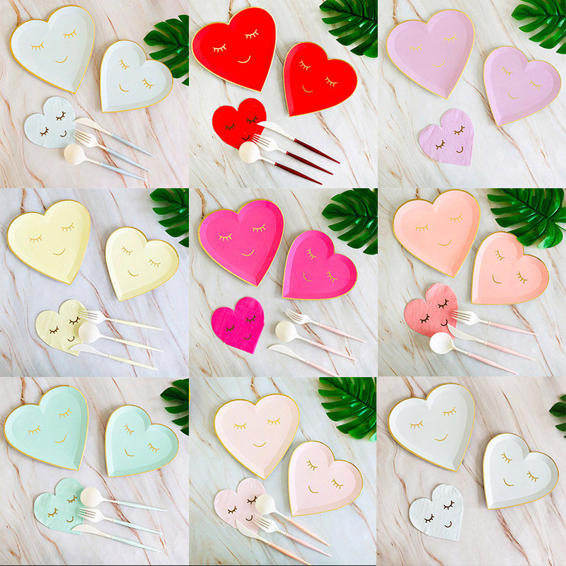 异形纸盘子害羞表情爱心盘纸杯纸巾生日派对蛋糕碟子户外野餐餐盘