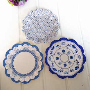 一次性纸盘蛋糕餐具生日纸盘轻食盘子中国风青花瓷盘子下午茶小盘